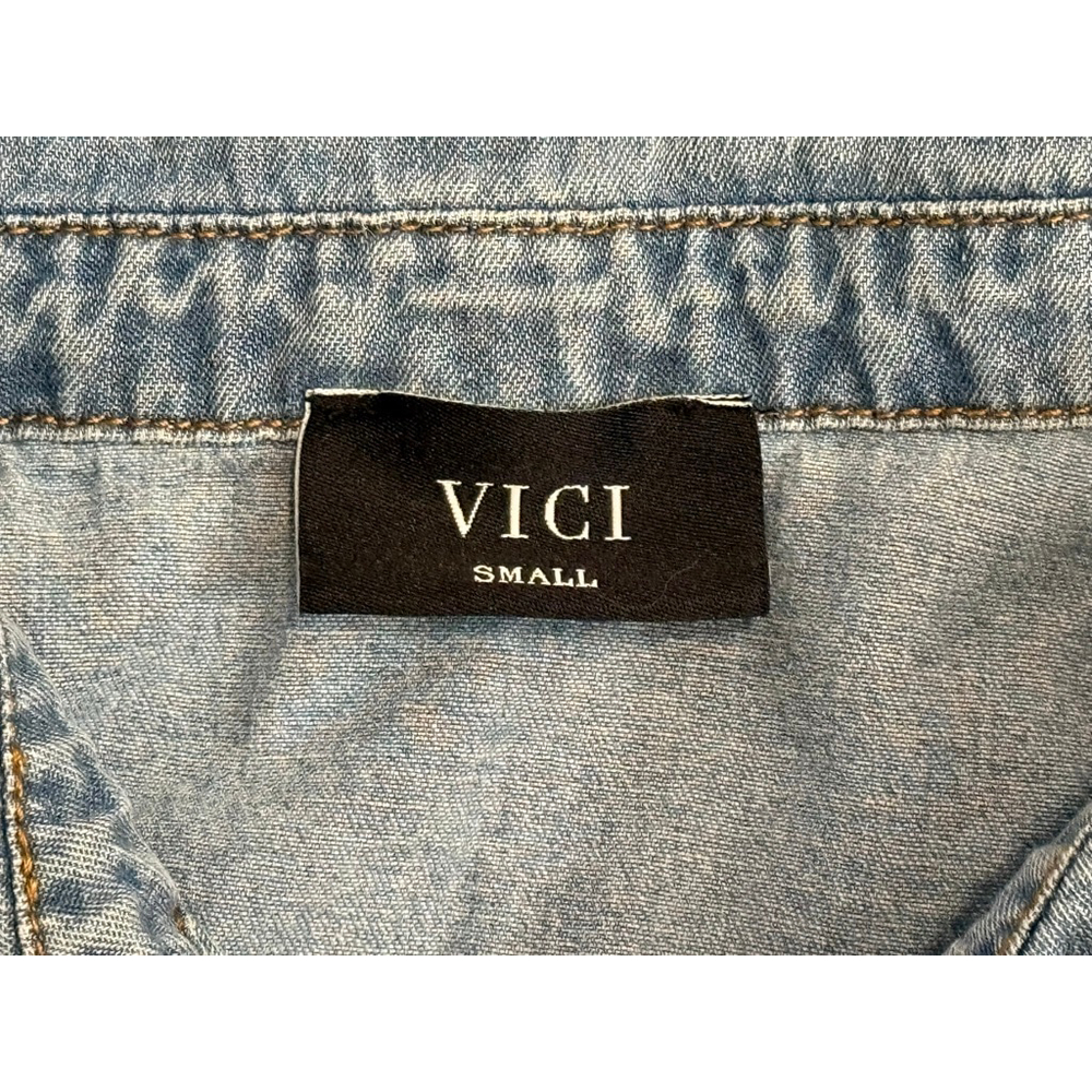 VICI Womens Chambray Denim Mini Dress Pearl Snap Front Ruffle Tiered Sz S - Picture 7 of 7
